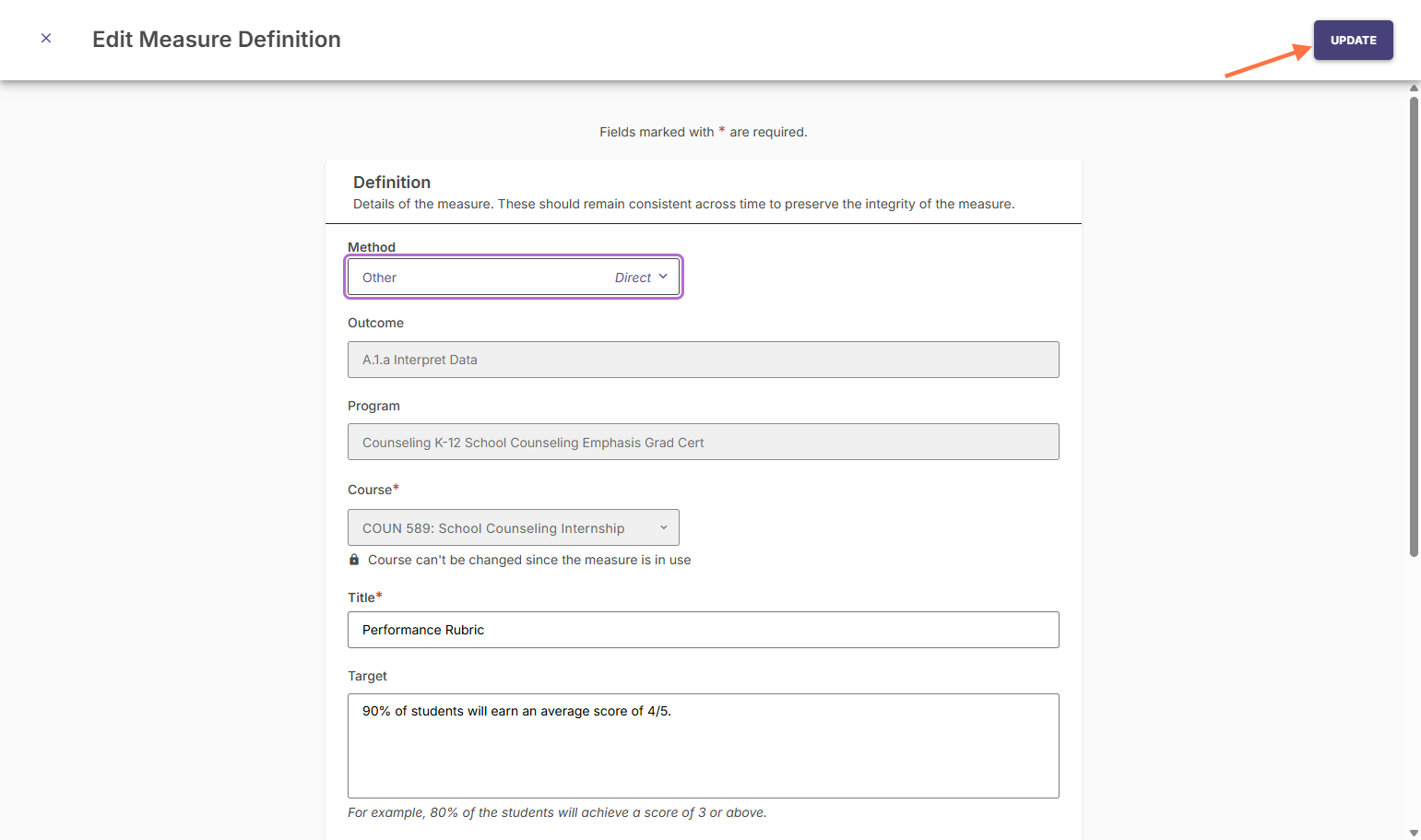 After editing the measure definition and activity, remember to click UPDATE.