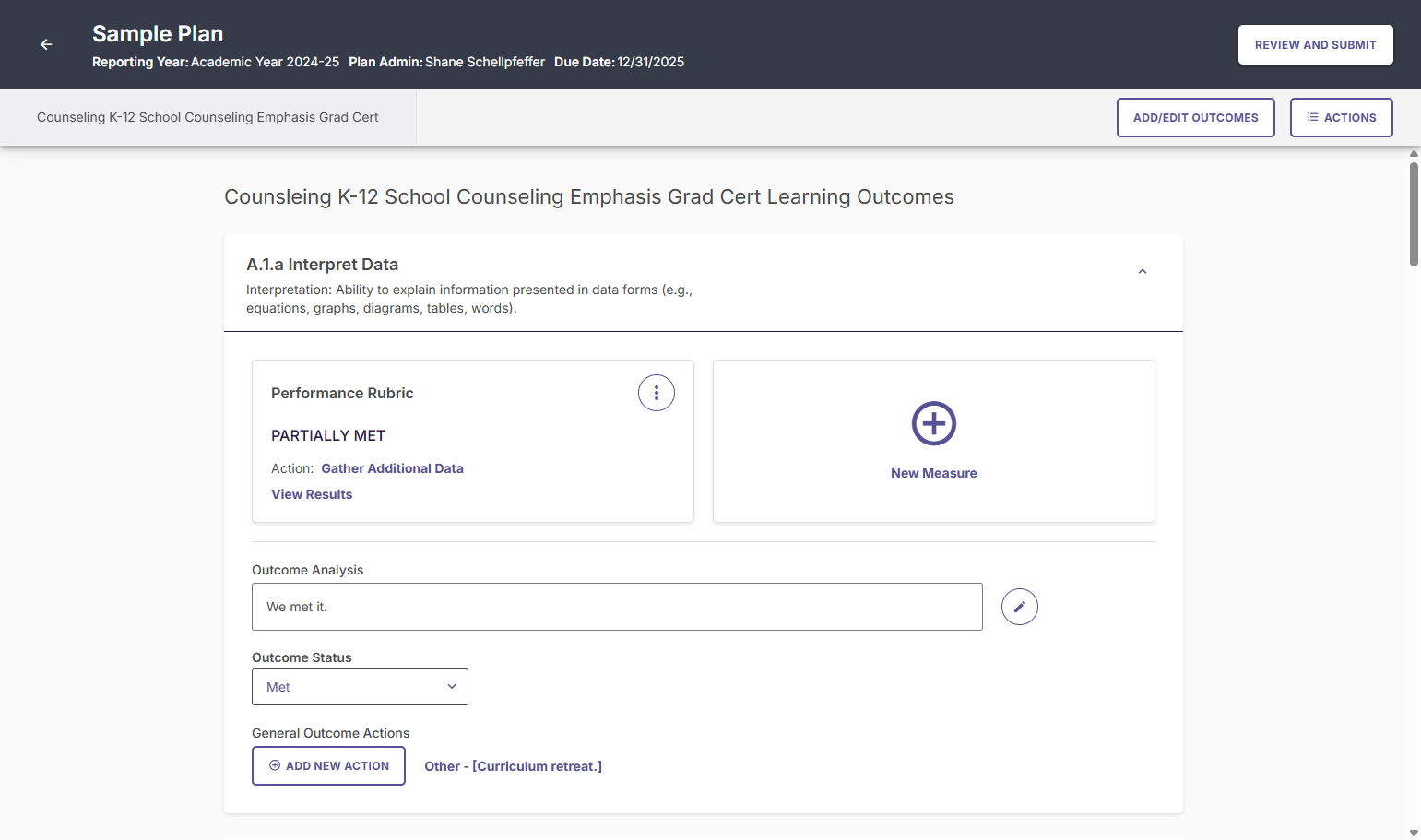 If you return to the list of measures for the outcome, you can also new measures by clicking on "New Measure".