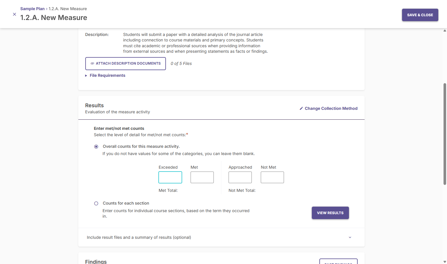Here, type the number of students who are at each level. The minimum requirement is to enter the number of students who met and did meet expectations, but you may also enter the number of those who approached and exceeded expectations.