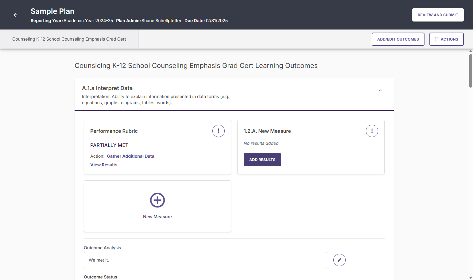 From the list of outcomes measures, add results to a measure that does not have any associated data, click ADD RESULTS.