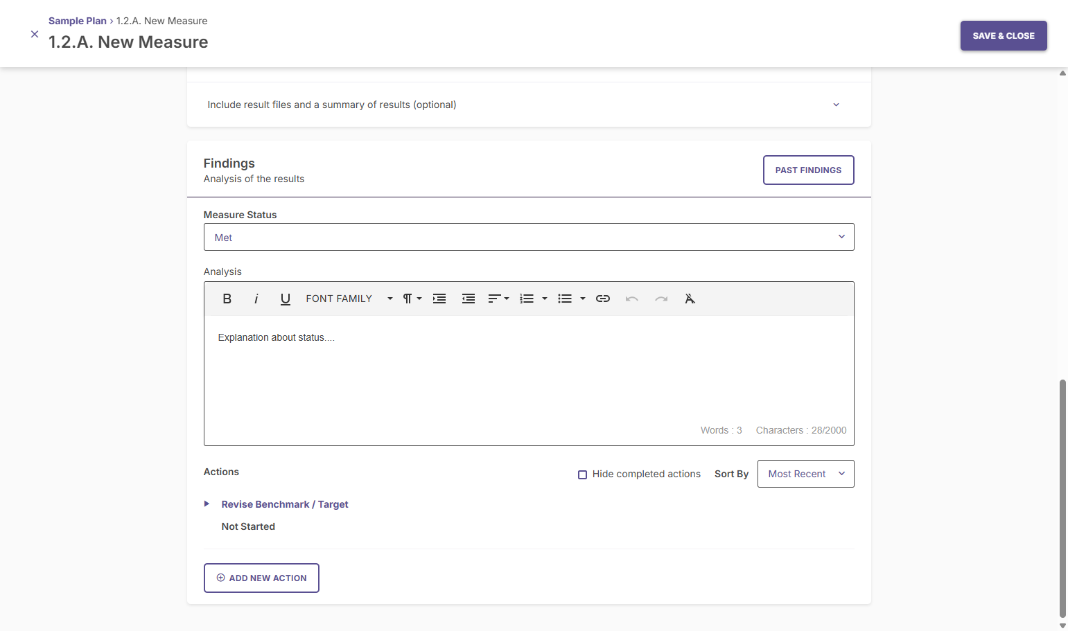 Then, under the "Findings" section, your new action will appear. Add new actions as needed.