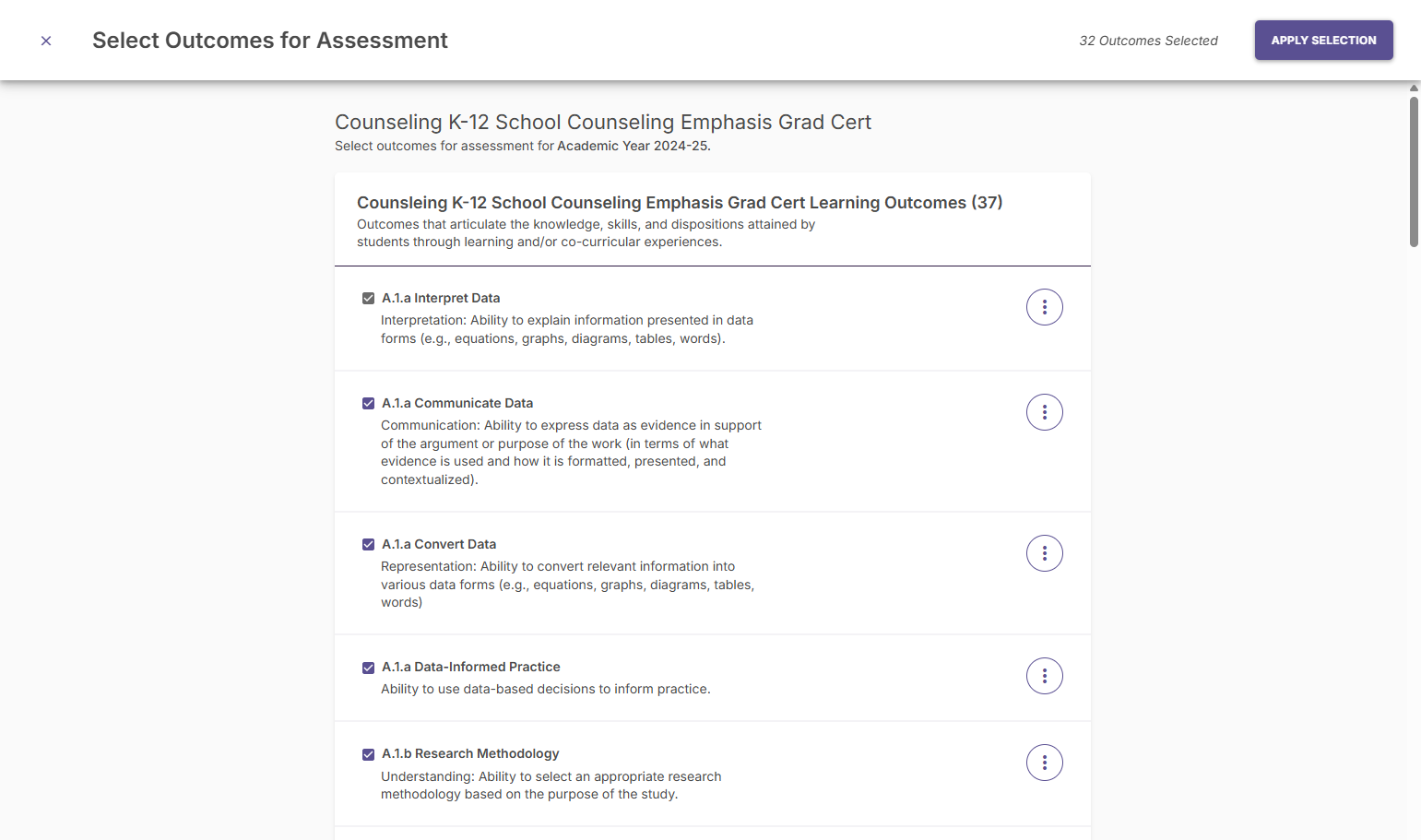 Then, you will check each box next to the outcome you want to include data for in this assessment. You can edit outcomes by clicking on the three dots to the right of each outcome.