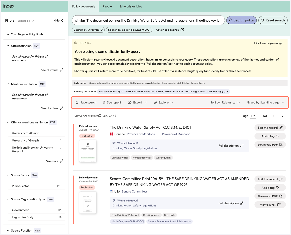 Use the action bar to save a search, see summary report, export* your results, or explore further.