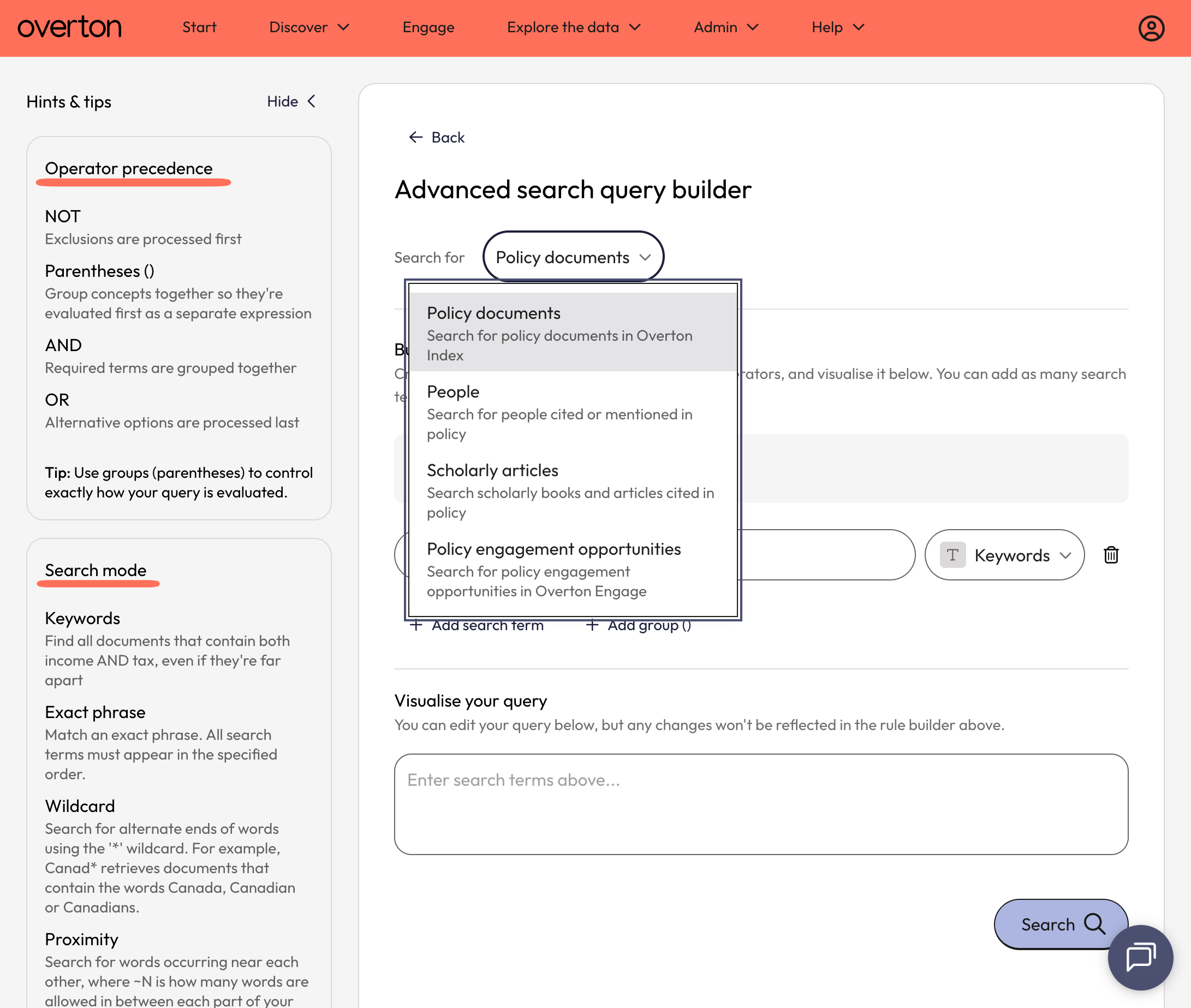 Choose where you want to search in Overton. In this case, click on Policy documents.