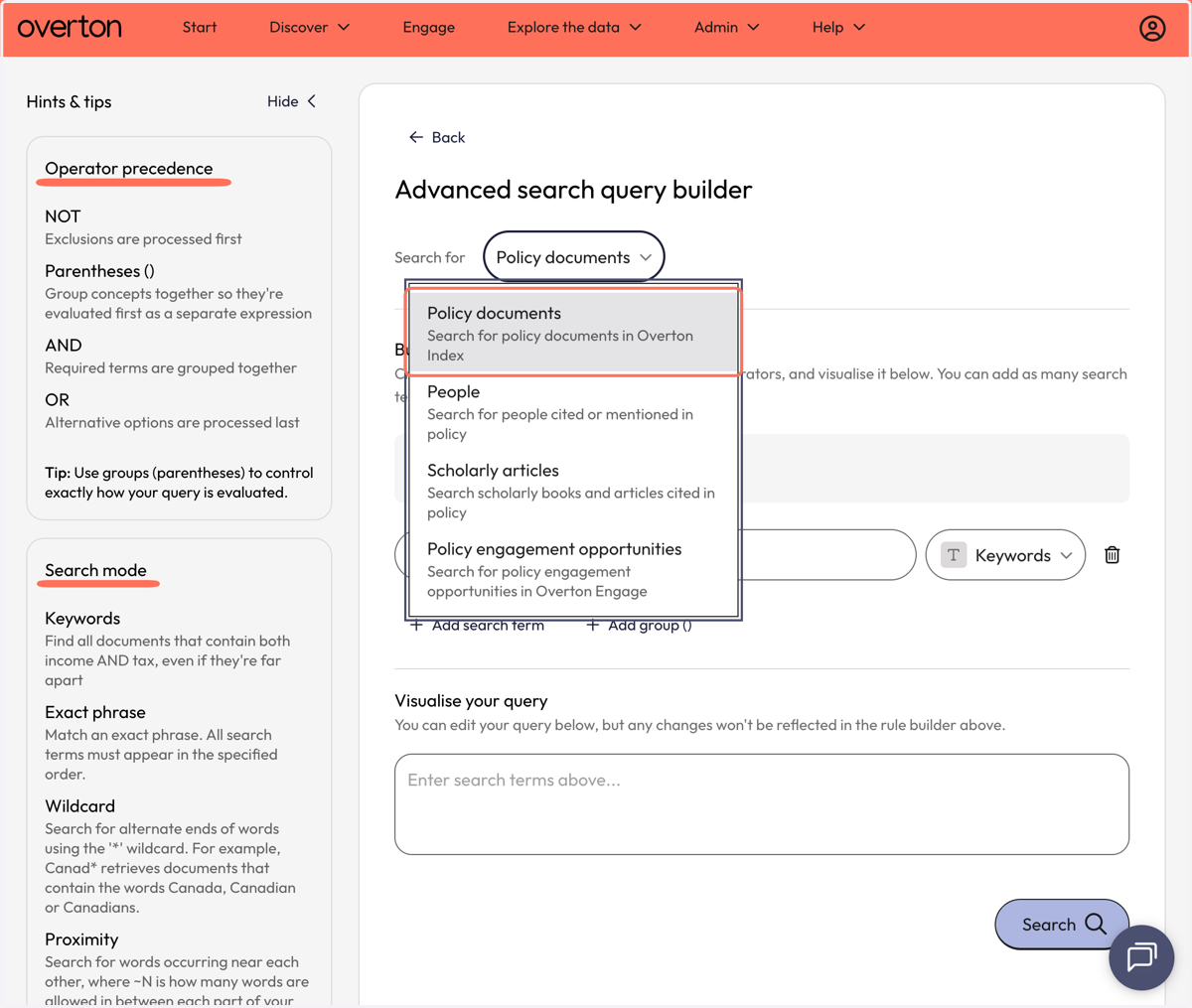Choose where you want to search in Overton. In this case, click on Policy documents.