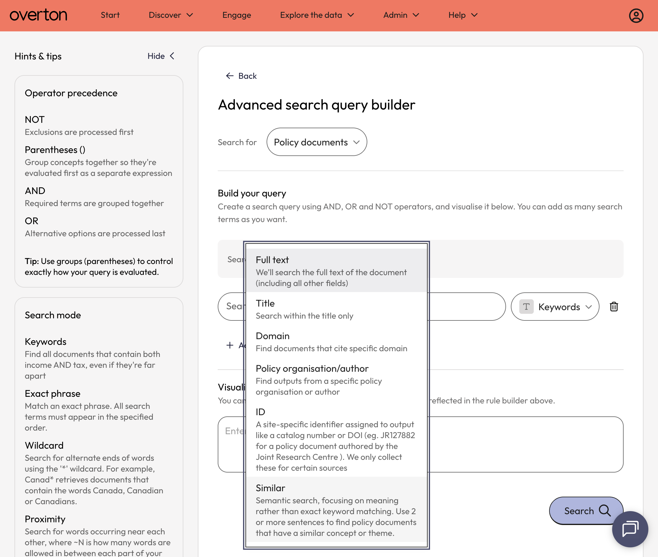 From the 'Search within' dropdown, select 'Similar' to perform a semantic search.