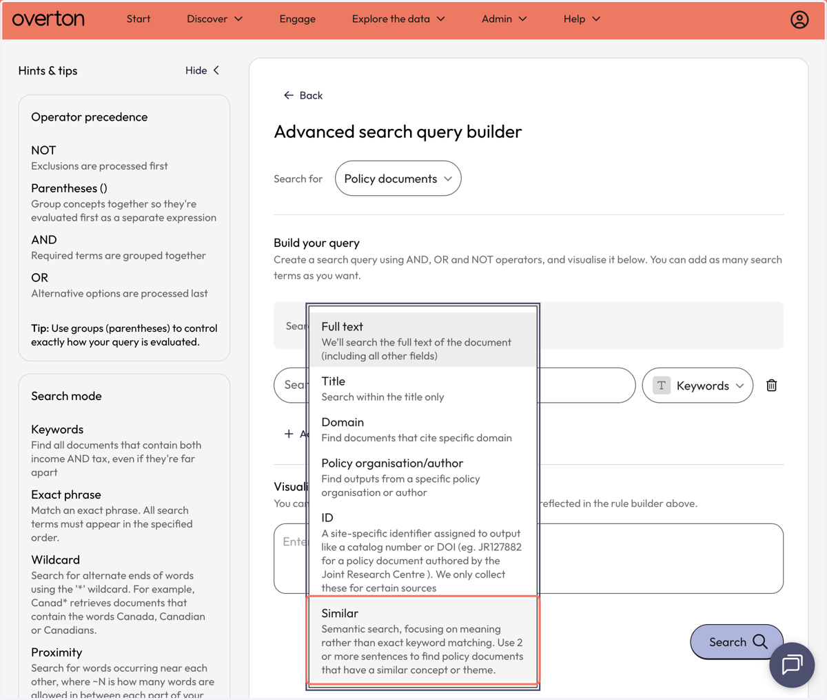 From the 'Search within' dropdown, select 'Similar' to perform a semantic search.