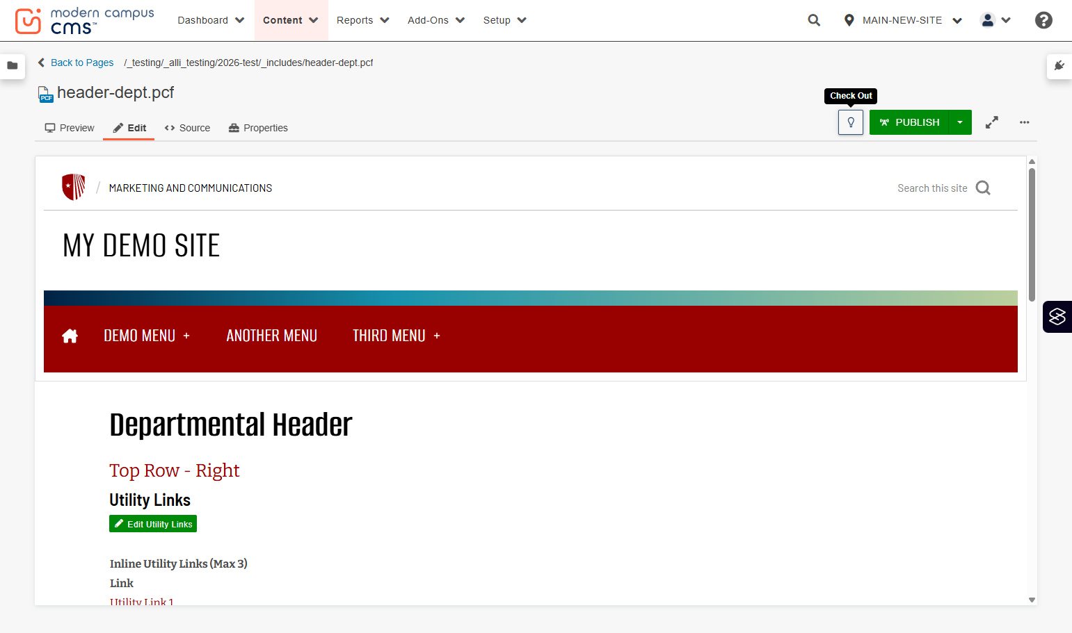 Now, you'll click on Check Out. This is an important step to remember, because you will see more page properties to configure when you check out a page. If you do not check out the page, you will not see the options we are about to review.
