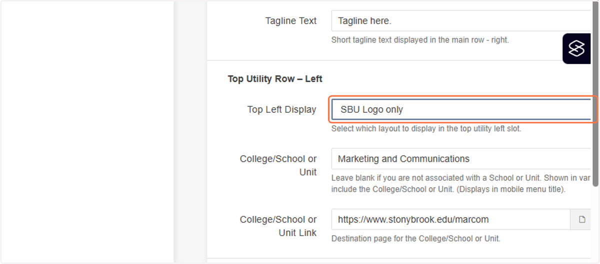 We'll focus on the left-hand side first. If you select SBU Logo only from Top Left Display...