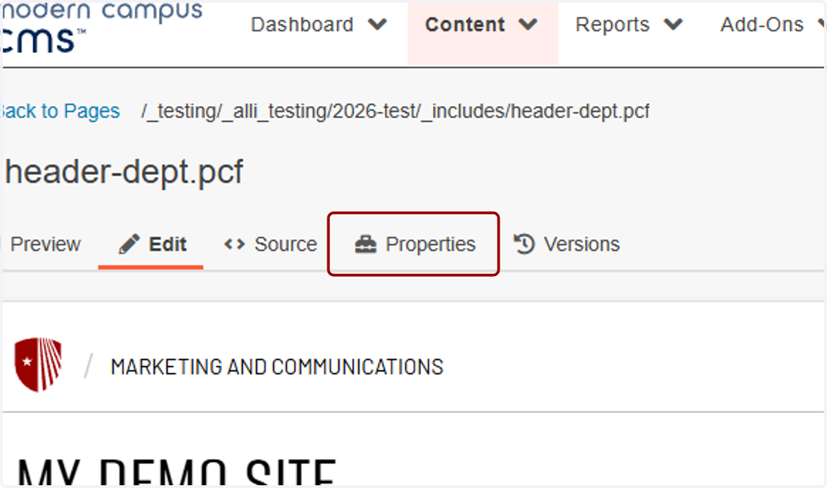 After you check out the page, click on Properties.