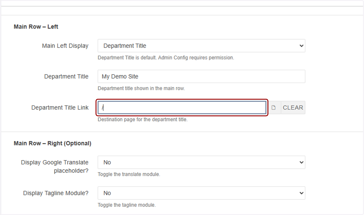 The Department Title Link is where the department title we just set up will go to when clicked on. You will most likely link this to the index page of the site you're working on.