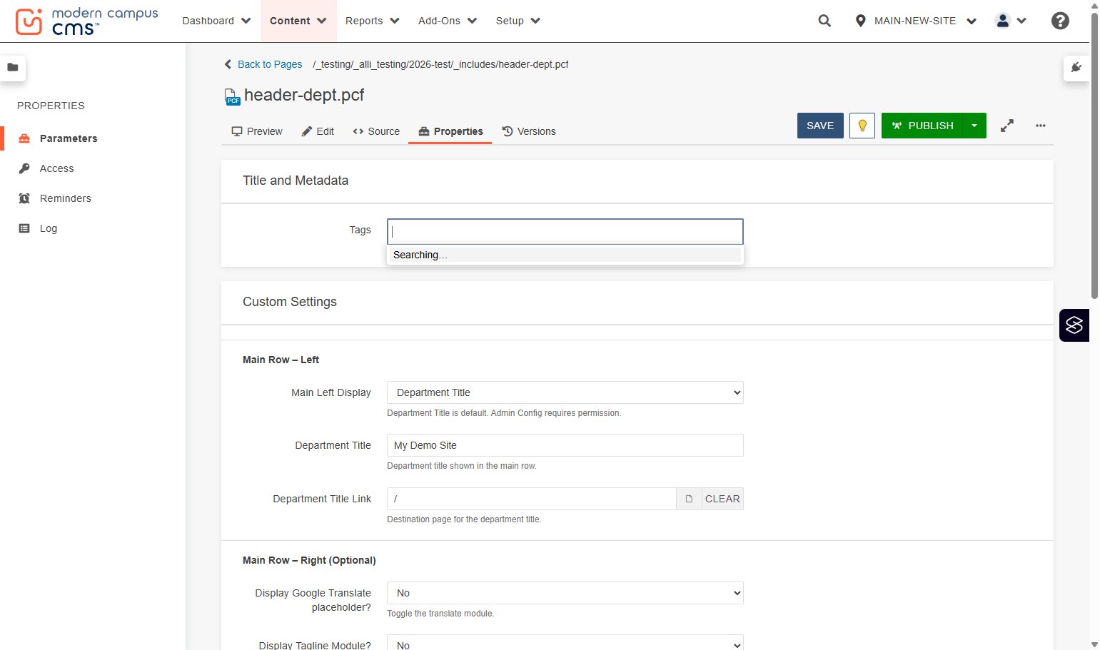 The first field you'll see is the Tags field. Tags are internal labels used to organize and surface content behind the scenes. They help power search, reporting, and filtering across the site but are not visible to visitors.