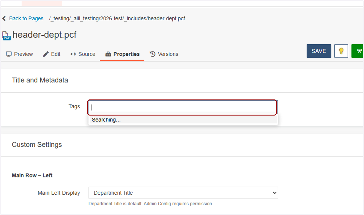 The first field you'll see is the Tags field. Tags are internal labels used to organize and surface content behind the scenes. They help power search, reporting, and filtering across the site but are not visible to visitors.