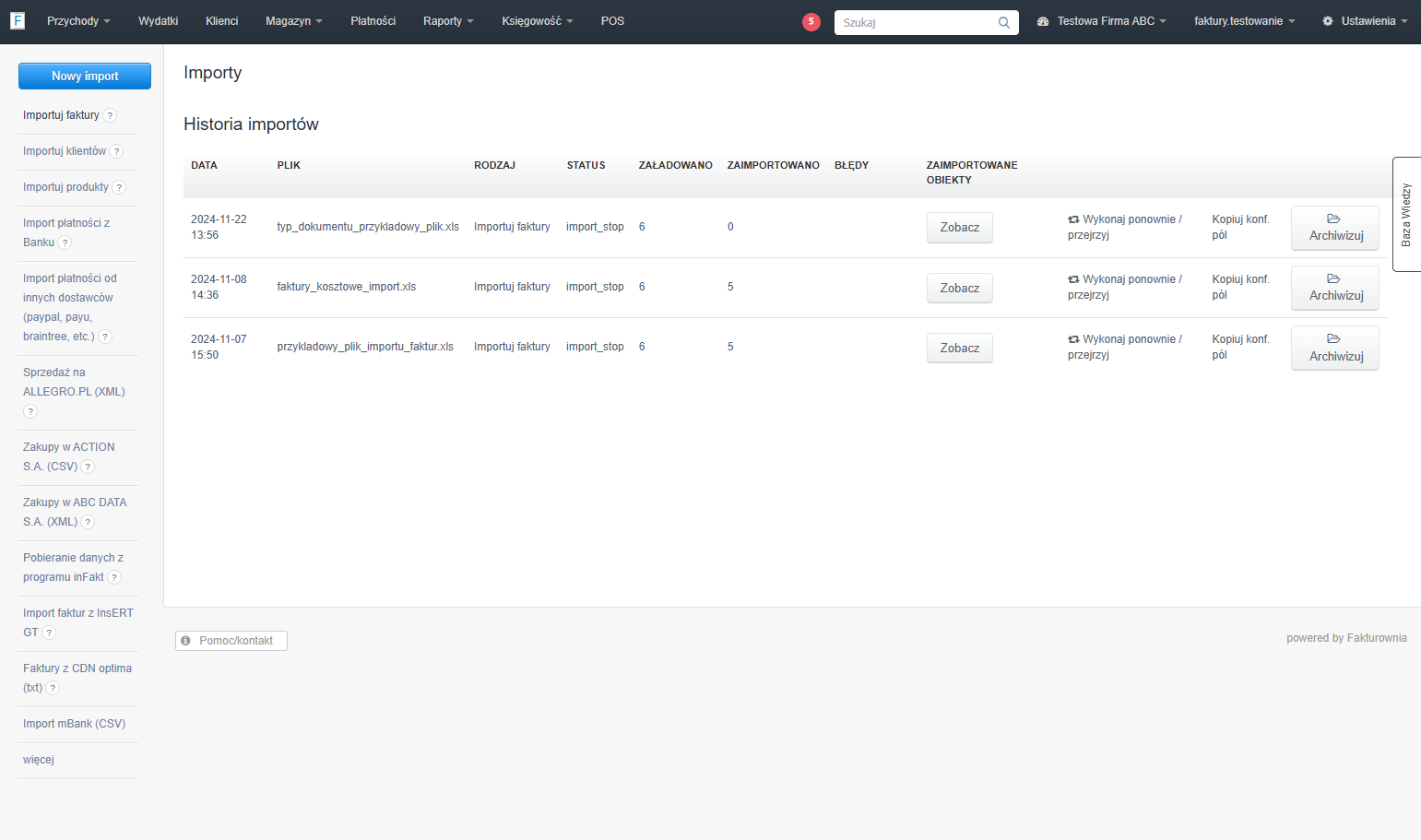 Z dostępnych opcji importu wybierz 'Importuj faktury'.