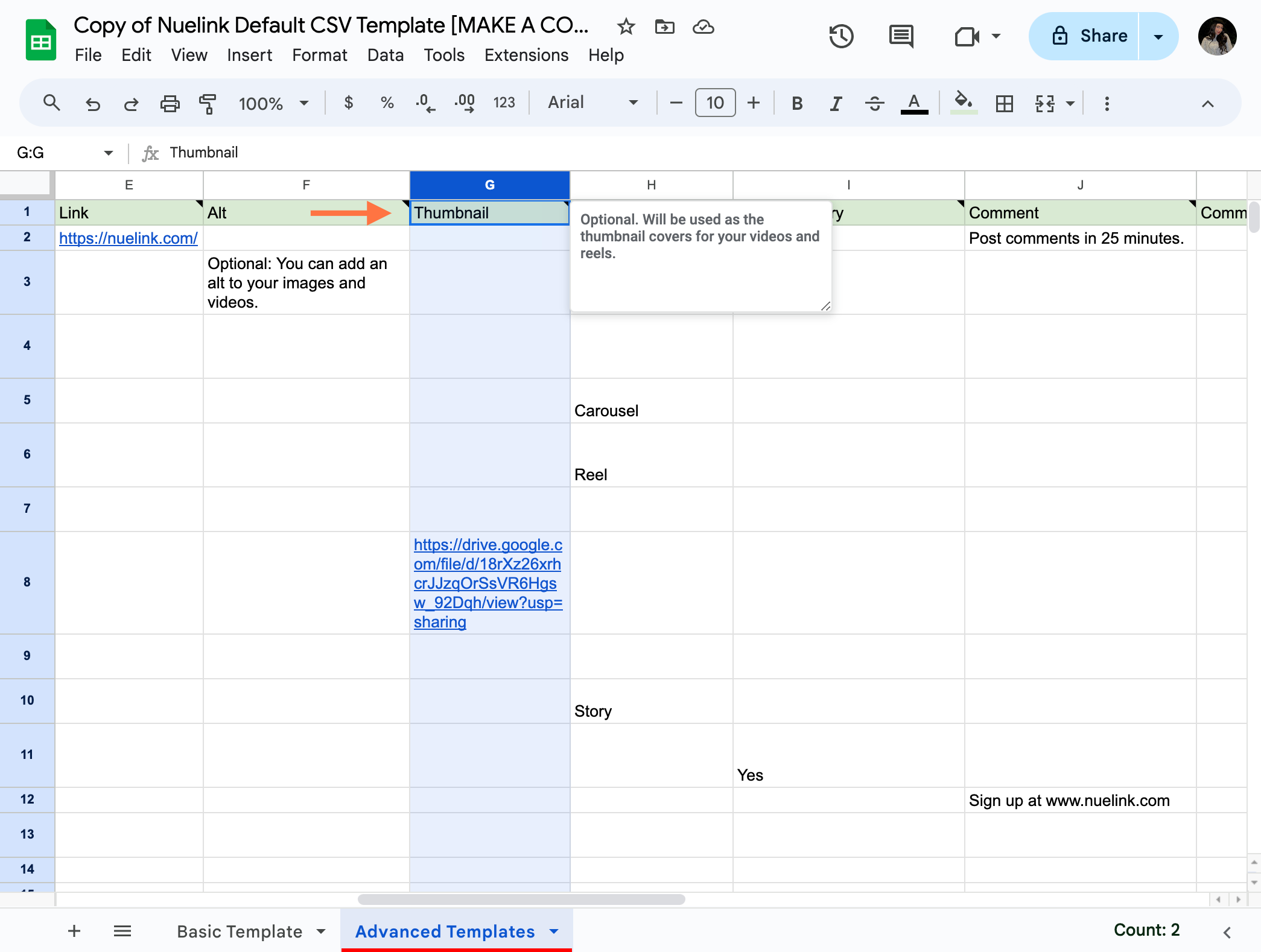 Click on Copy of Nuelink Default CSV Template [MAKE A COPY]…