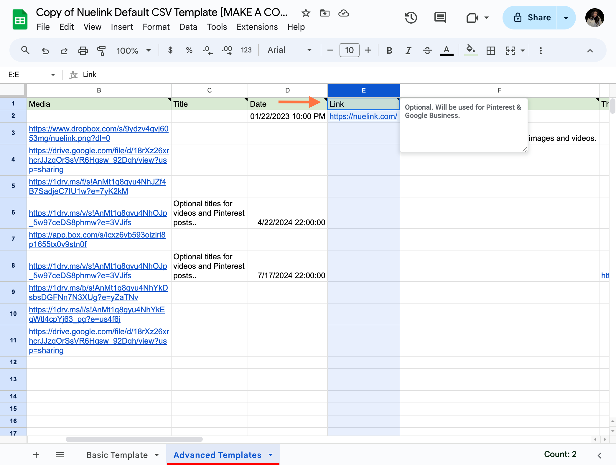 Click on Copy of Nuelink Default CSV Template [MAKE A COPY]…