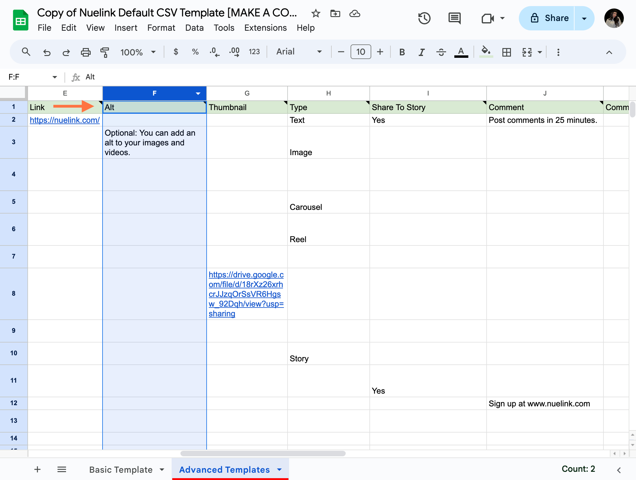 Click on Copy of Nuelink Default CSV Template [MAKE A COPY]…