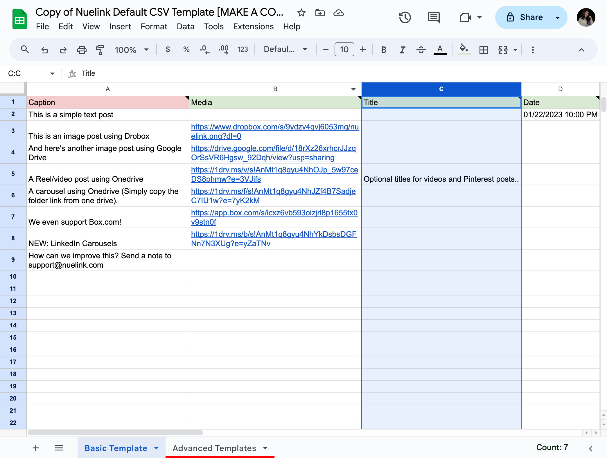 Click on Copy of Nuelink Default CSV Template [MAKE A COPY]…