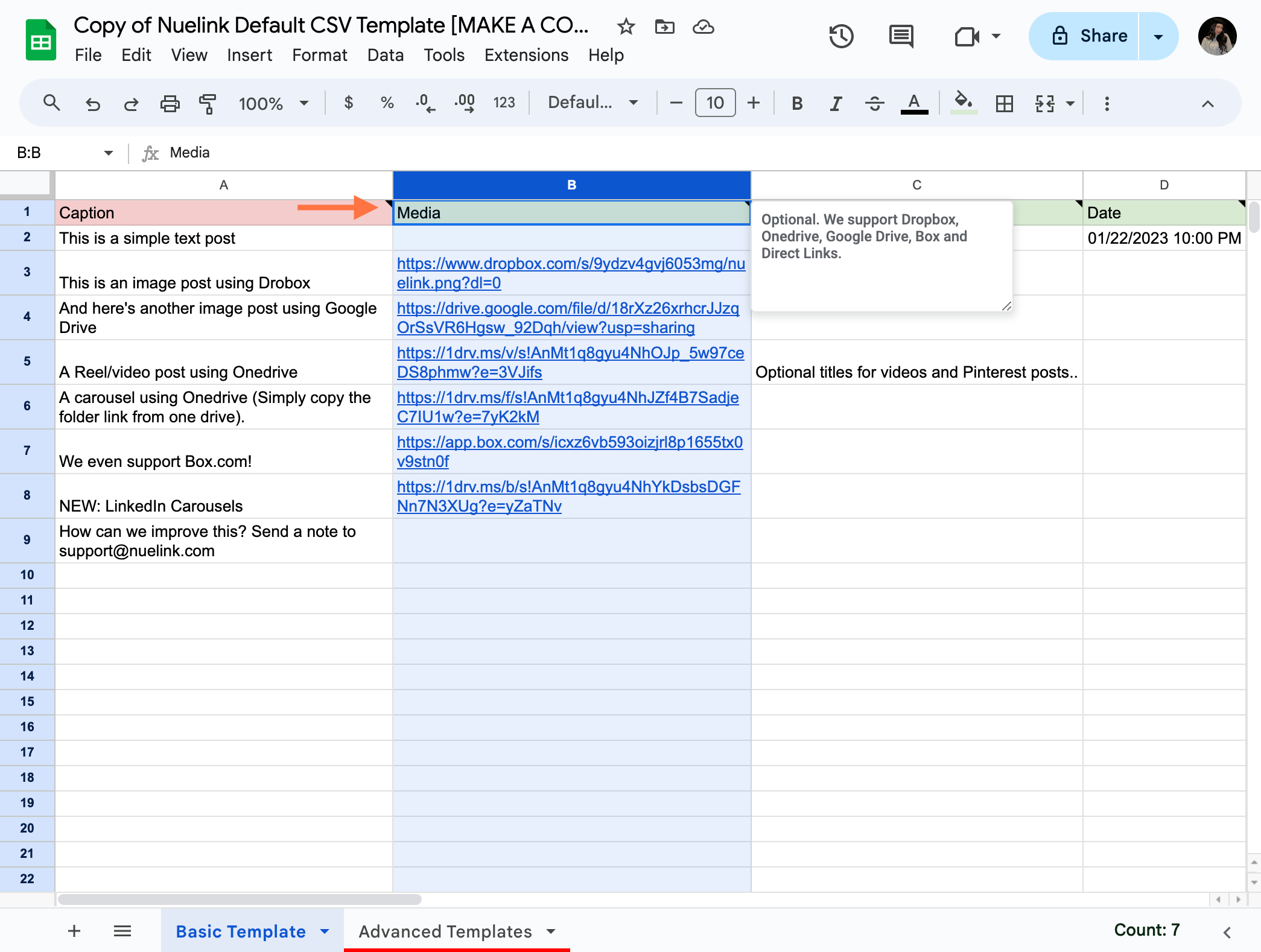 Click on Copy of Nuelink Default CSV Template [MAKE A COPY]…