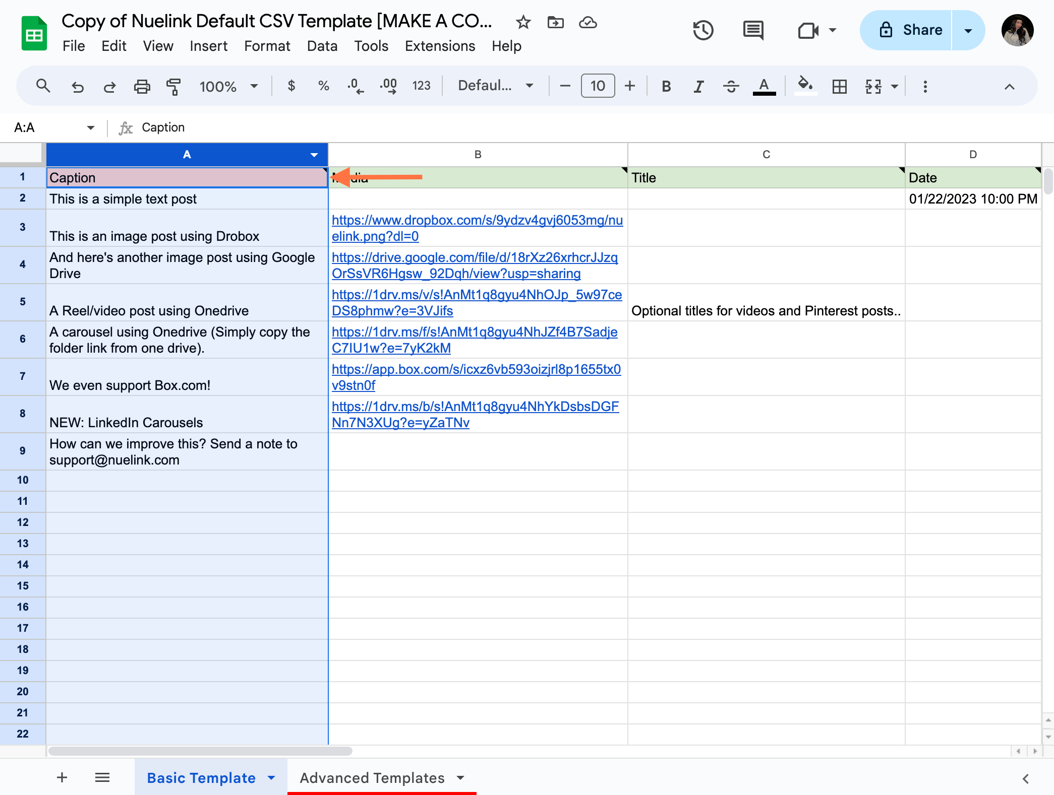 Click on Copy of Nuelink Default CSV Template 