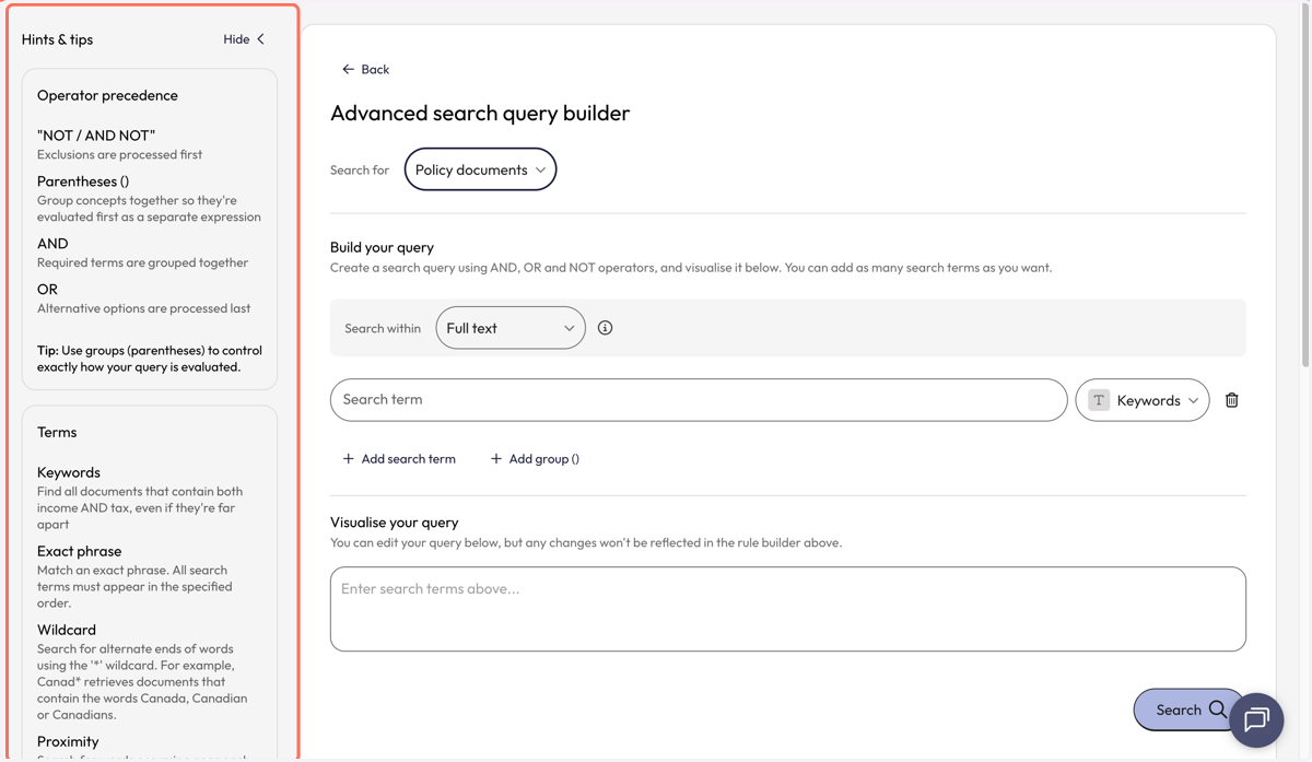 Before you start building your query, review 'Hints & tips' on the left side of the page to learn about operators, search strategies and search fields.