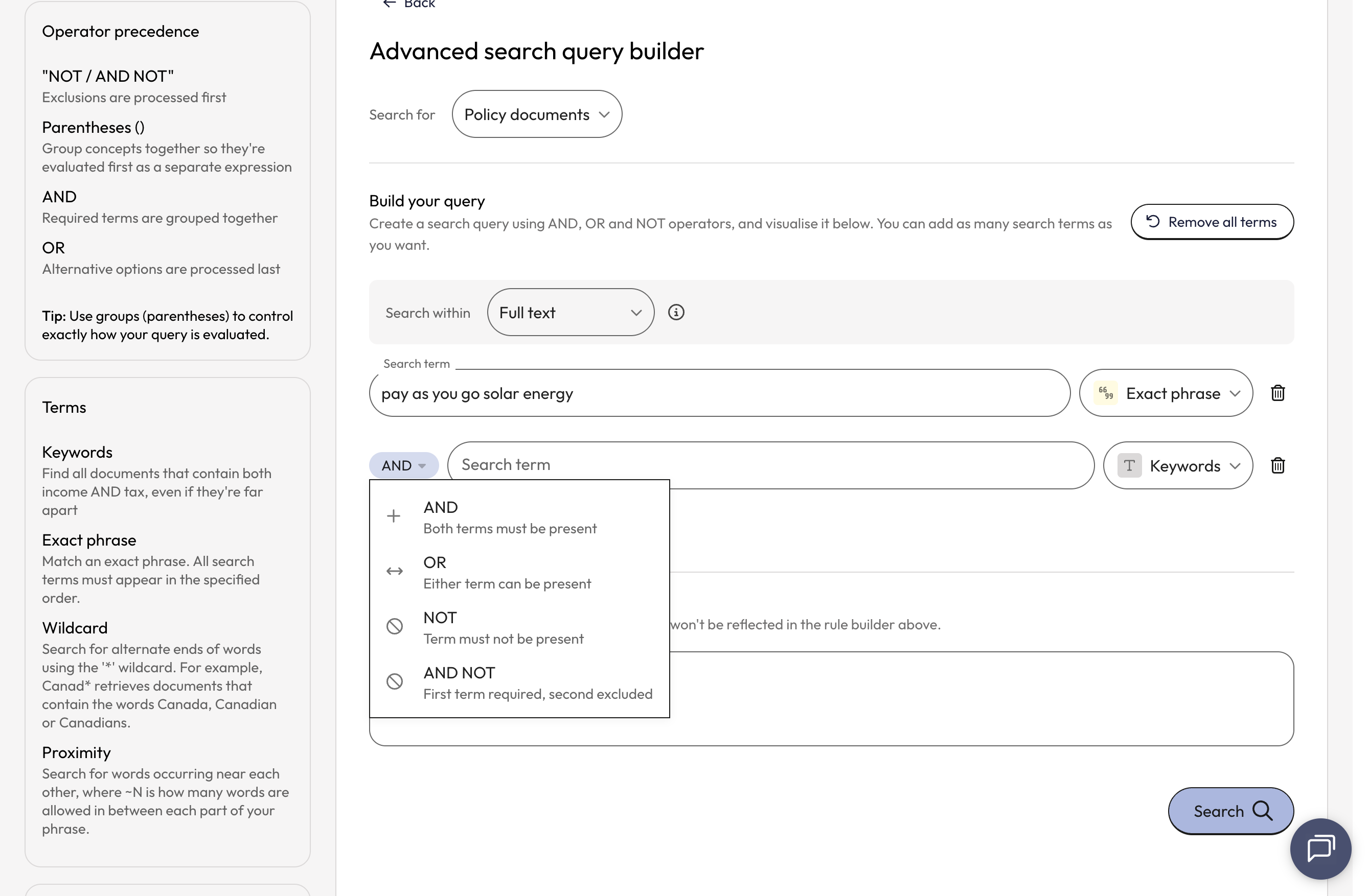 A new query line will be added and you will be prompted to select the operator you would like to apply in-between the search terms. Select the preferred operator from the dropdown box to the left of the new query line.