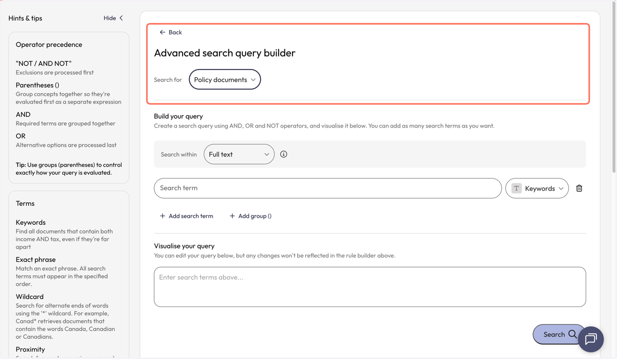 Start building your query from the top of the query builder.