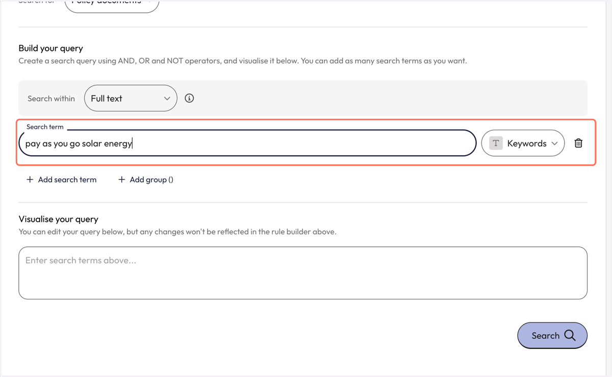 Enter your first search term or terms into the 'Search term' line.