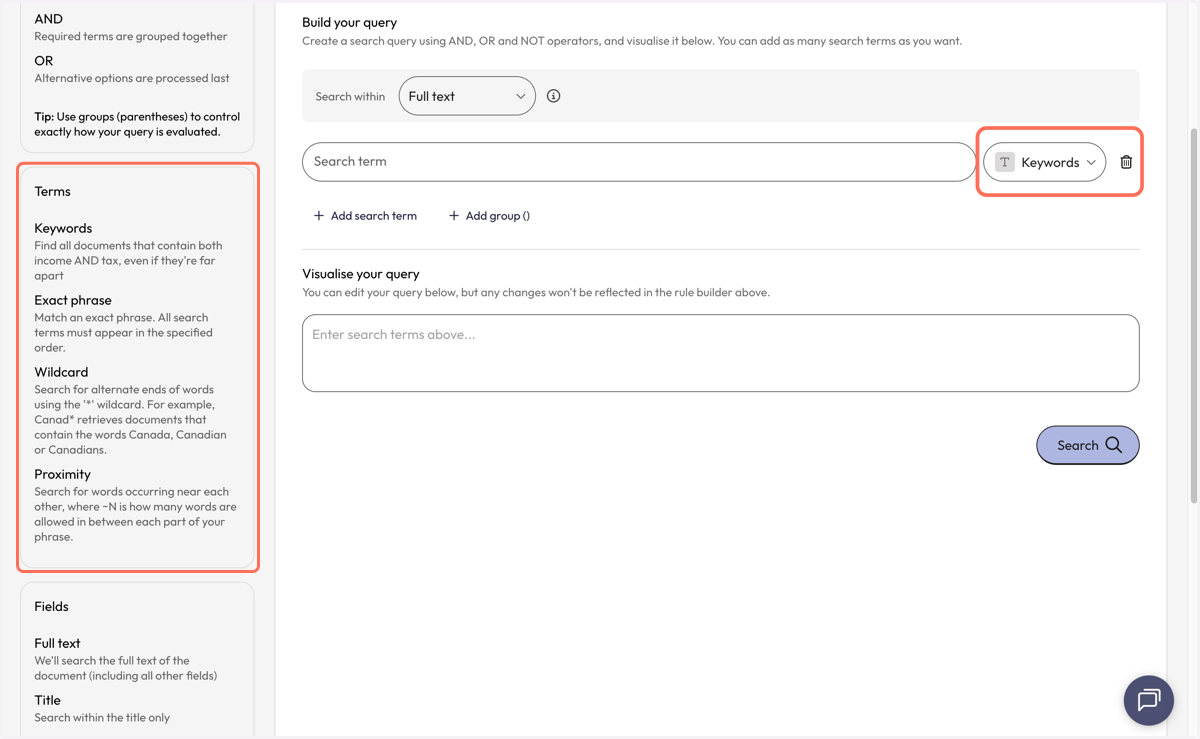 'Terms’ explains what a selected search strategy in a query does. The search strategy applied to each term can be selected by the dropdown box to the right of the query line.