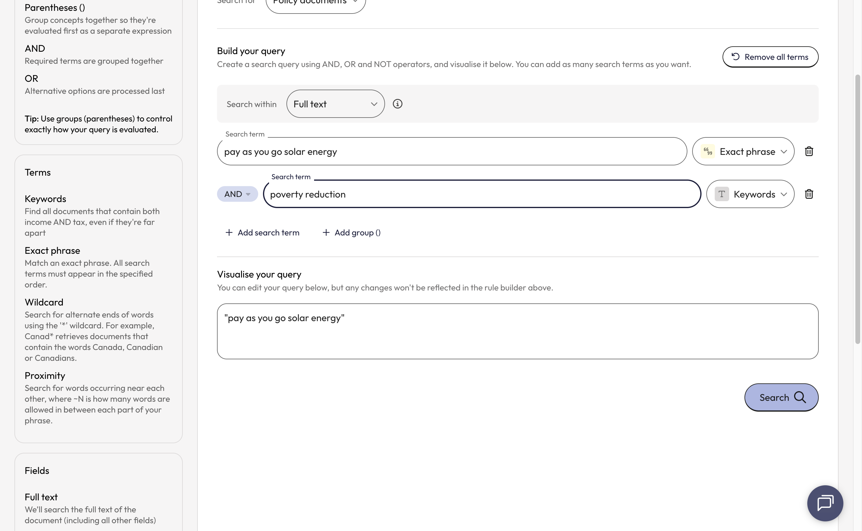Enter your second search term into the query line and select the search strategy you want to apply to it from the dropdown to the right. There are no limits to the number of search terms that can be added.