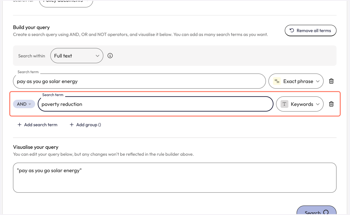 Enter your second search term into the query line and select the search strategy you want to apply to it from the dropdown to the right. There are no limits to the number of search terms that can be added.