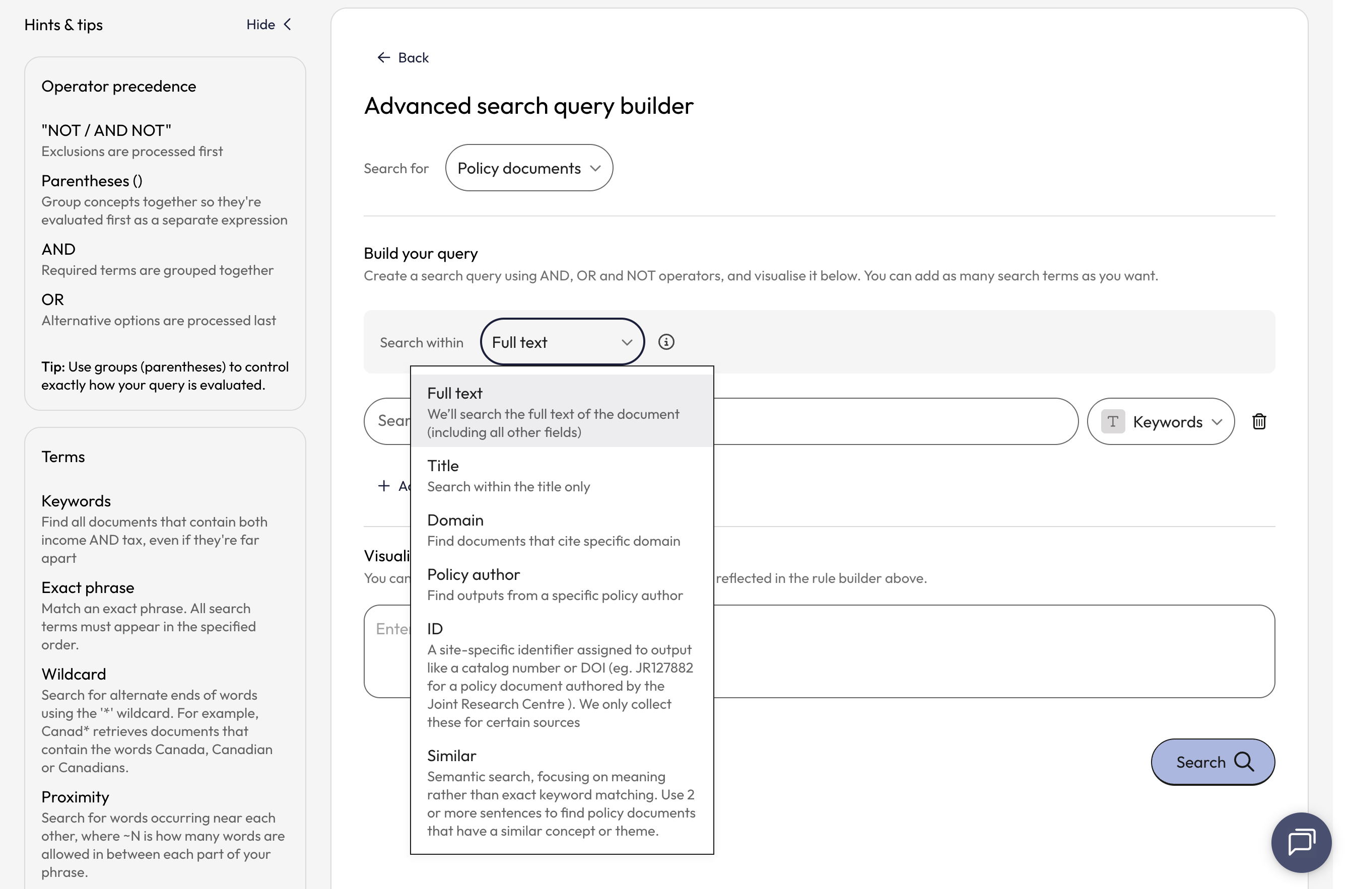 Next, select the field you would like to search within. Your selection will apply to the entire search query.