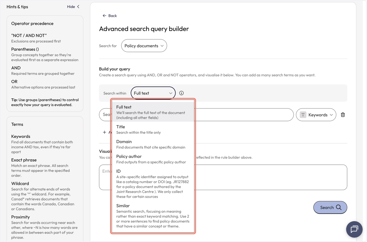 Next, select the field you would like to search within. Your selection will apply to the entire search query.