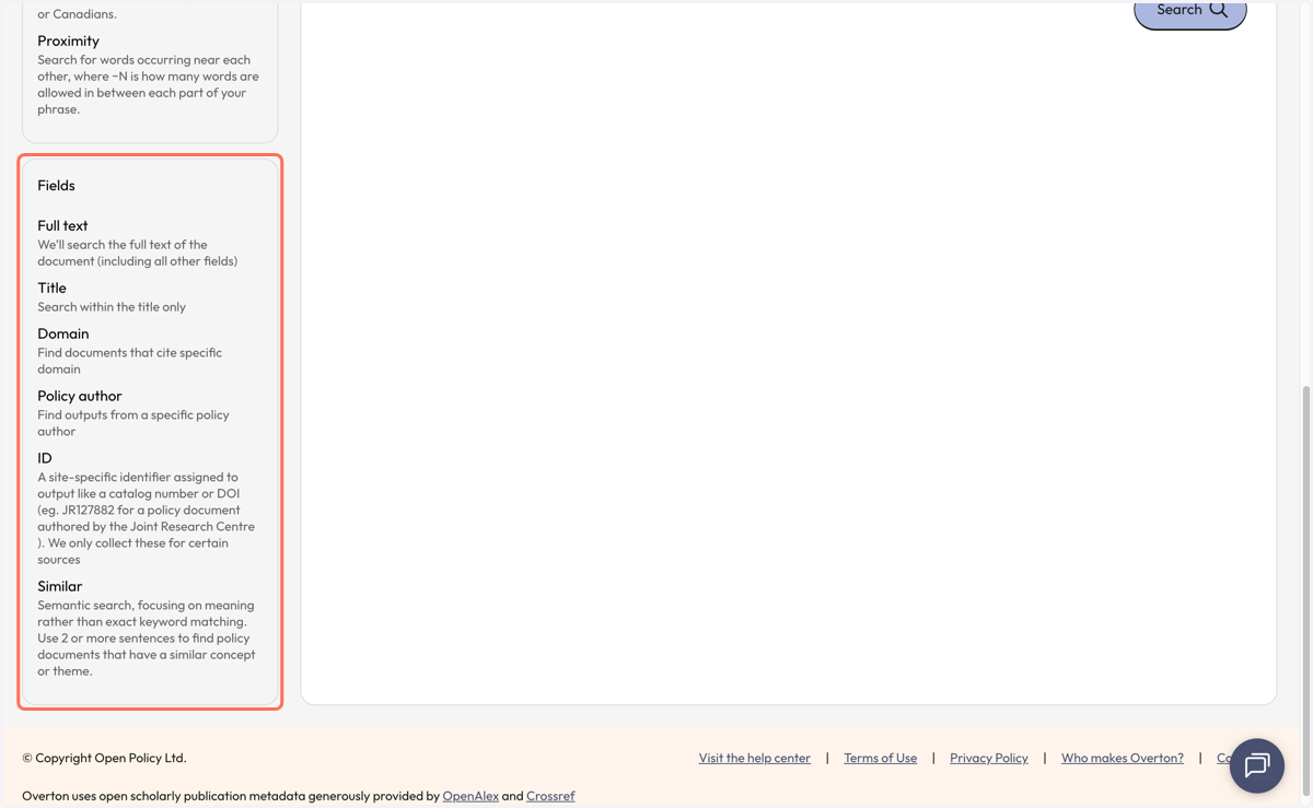 'Fields' explains the different fields that be searched within. Note: Users can only search within one field type per query. Multi-field searching is not yet supported. The search field can be selected from the dropdown box at the top of the query bu