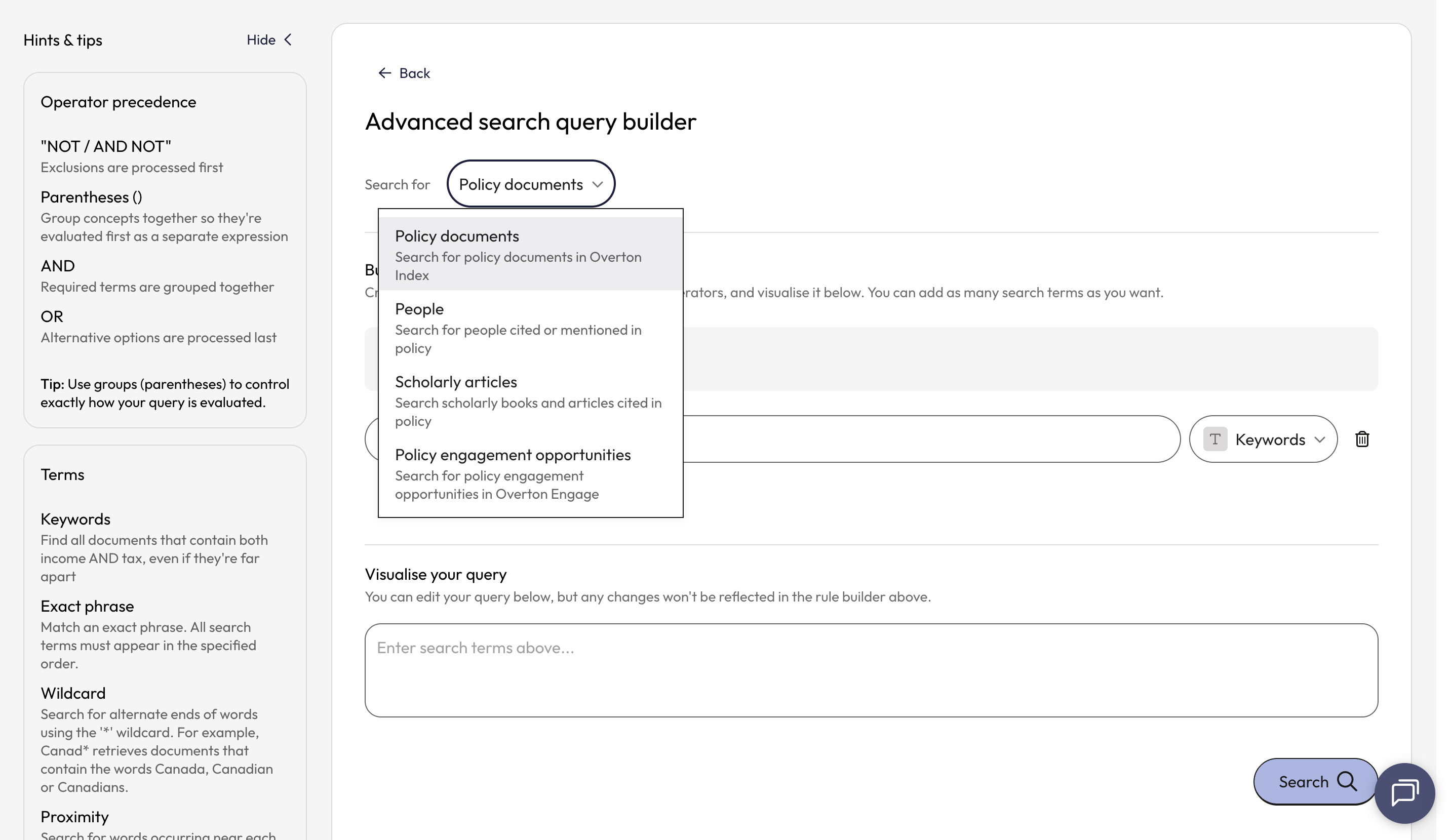 Select the type of information you want to search for from the dropdown box. Users can search for policy documents, people, scholarly works cited in policy or policy engagement opportunities (Engage).