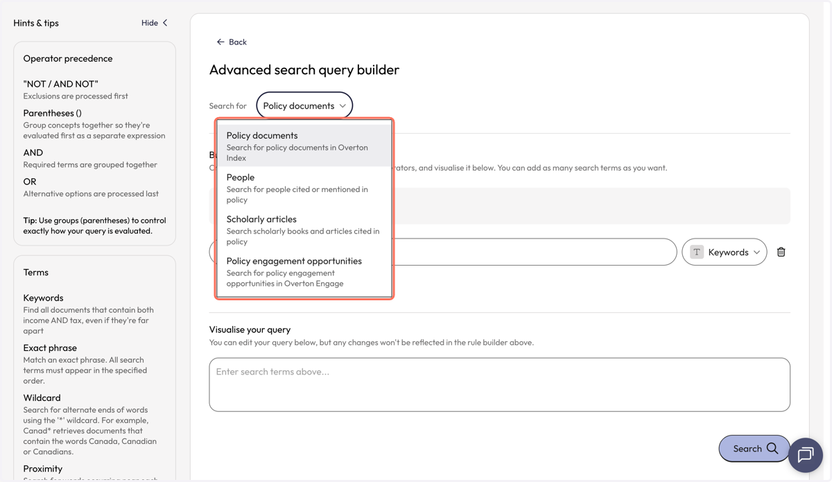 Select the type of information you want to search for from the dropdown box. Users can search for policy documents, people, scholarly works cited in policy or policy engagement opportunities (Engage).