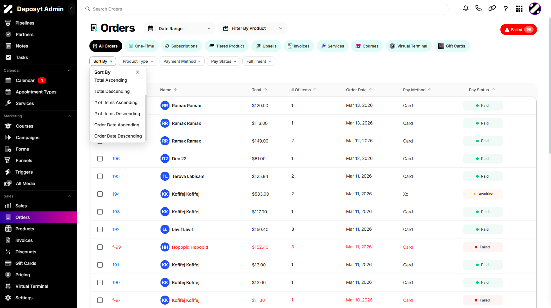 Step 4: A pop-up window will appear, where you can sort orders by Name (A–Z or Z–A), Total (Ascending or Descending), Number of Items (Ascending or Descending), and Order Date (Ascending or Descending).
