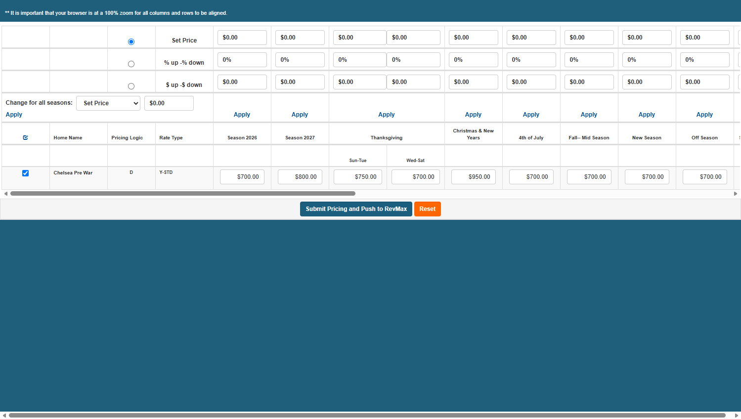 When you have finished configuring the rates, click Submit Pricing and Push to RevMax. This will send the updated Seasonal Base Rates to your RevMax account. The changes typically appear in RevMax within approximately five minutes.