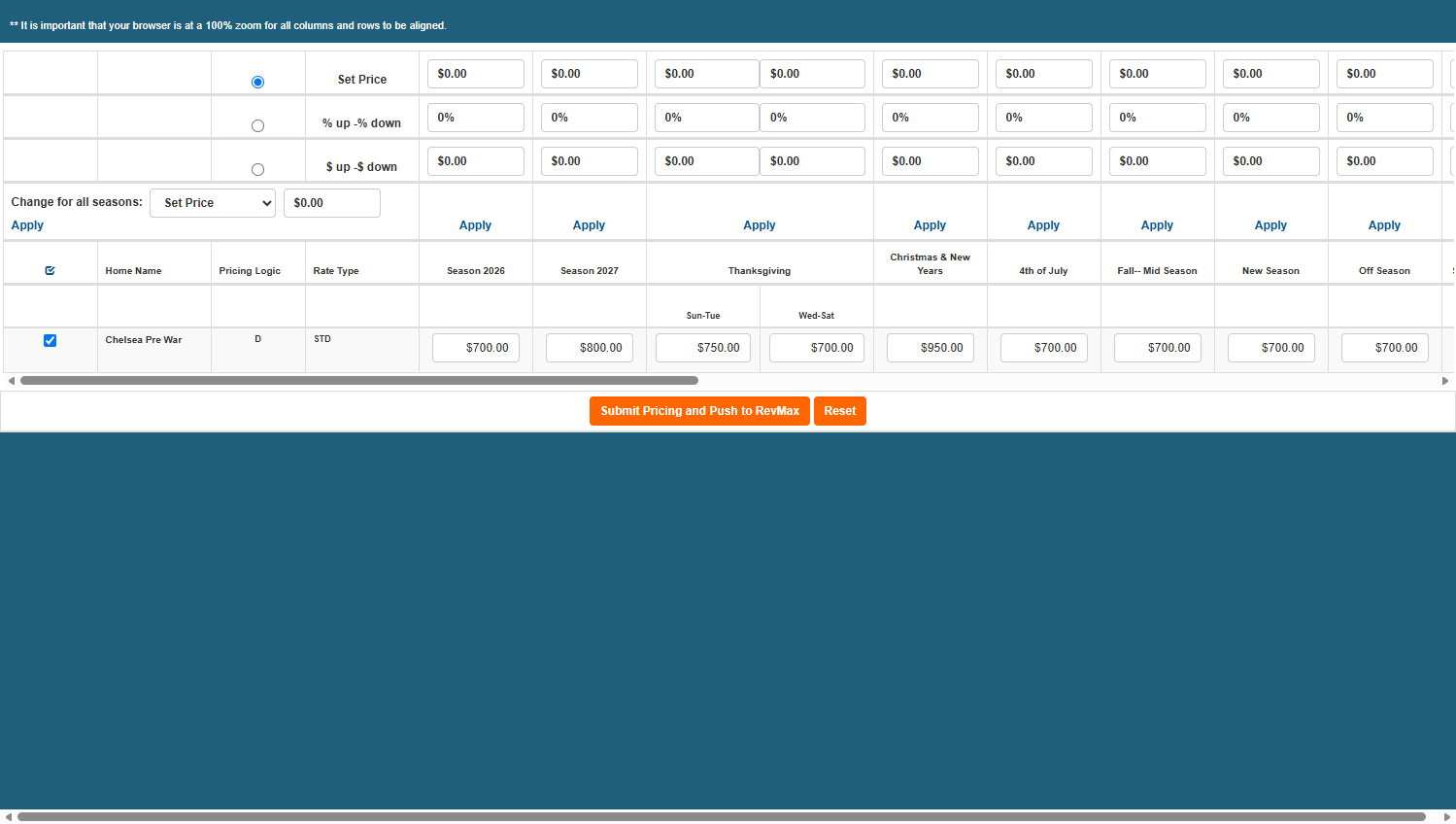 From this page, you can set rates for the filtered unit or all units within that season Group.