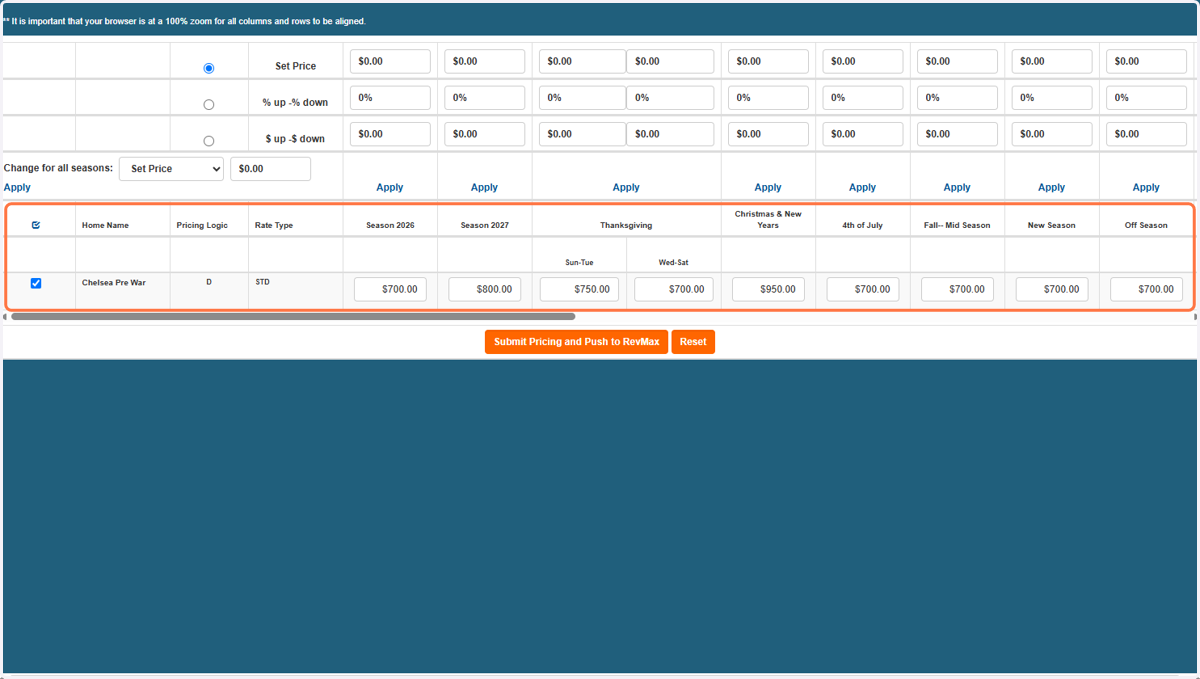 From this page, you can set rates for the filtered unit or all units within that season Group.