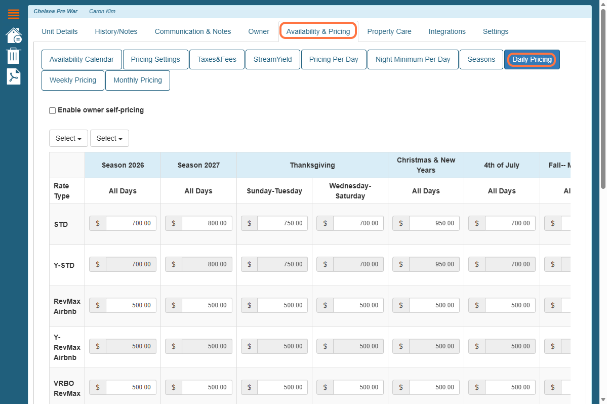 Alternatively, you can configure or update Seasonal Base Rates at the unit level by navigating to Availability & Pricing > Daily Pricing within the property's settings in Streamline.