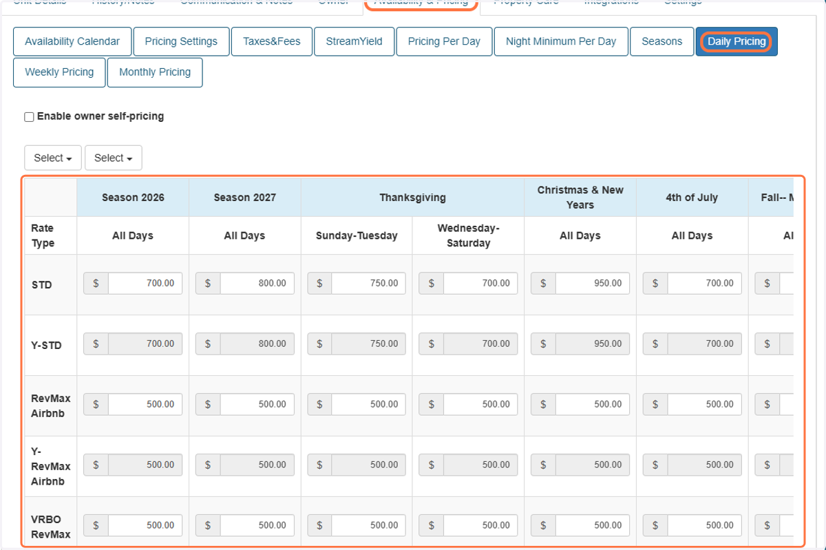 Alternatively, you can configure or update Seasonal Base Rates at the unit level by navigating to Availability & Pricing > Daily Pricing within the property's settings in Streamline.