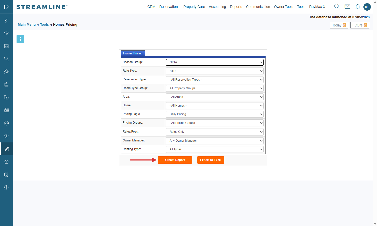 On the Homes Pricing Tool page, select the appropriate Season Group and set the Rate Type to STD to enter your Seasonal Base Rates. Once done, click on the "Create Report" button.