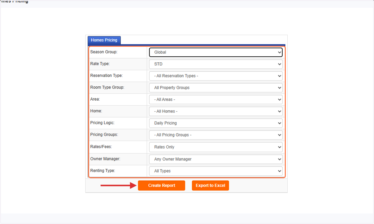 On the Homes Pricing Tool page, select the appropriate Season Group and set the Rate Type to STD to enter your Seasonal Base Rates. Once done, click on the "Create Report" button.