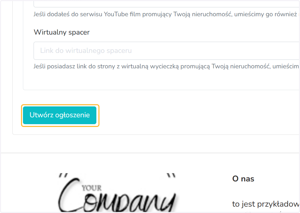Po uzupełnieniu wszystkich pozostałych danych, kliknij „Utwórz ogłoszenie”