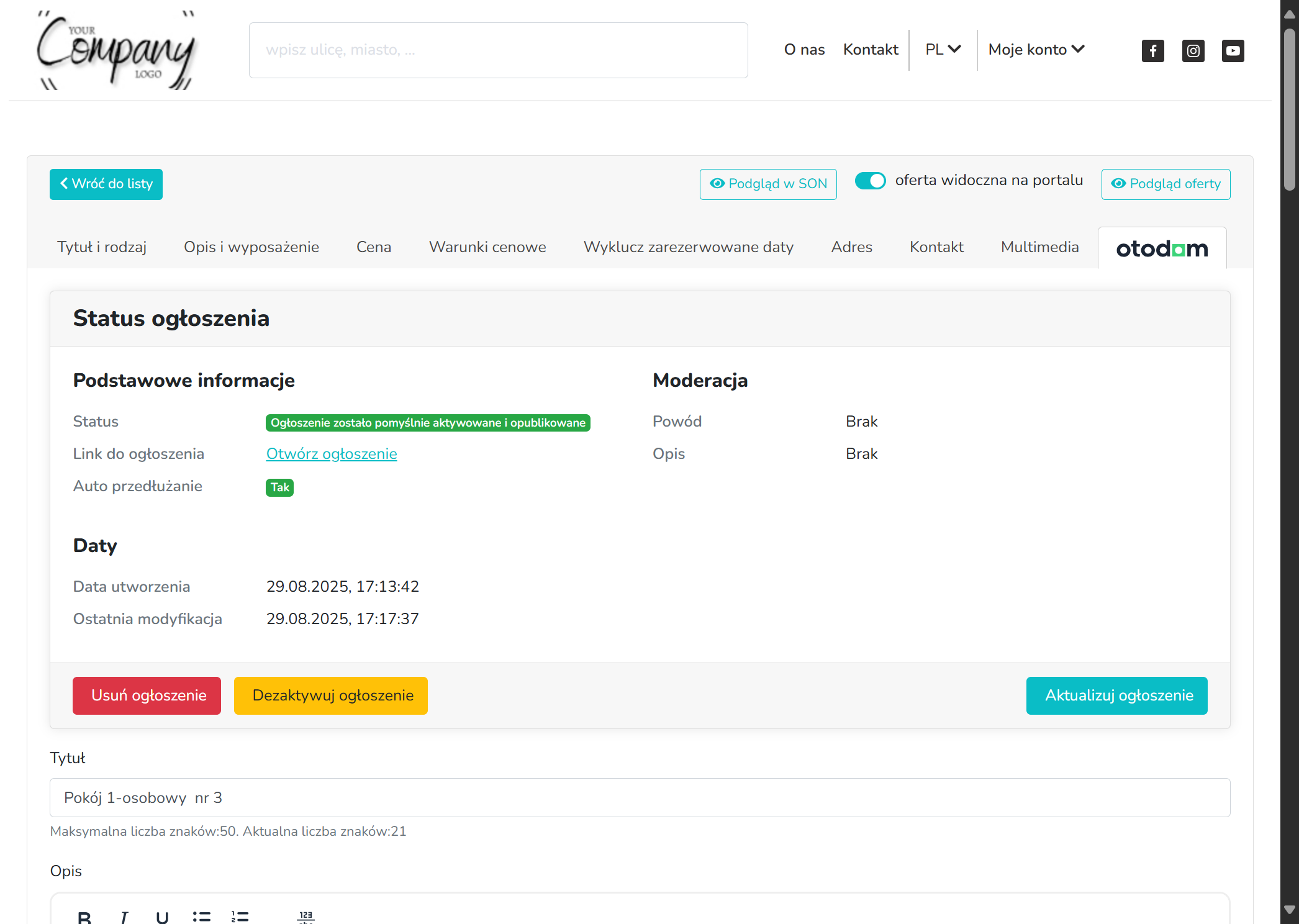 Kliknij ten przycisk, aby przejść na Otodom. Z tego poziomu można eksportować ogłoszenie na OLX