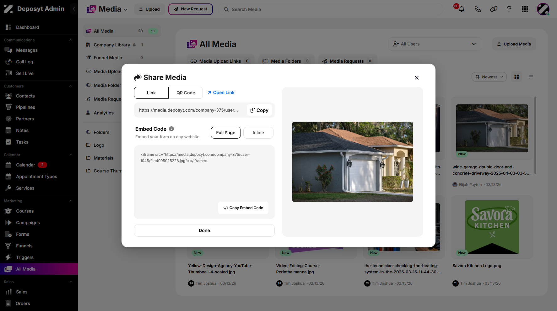 Step 4: A pop-up window will appear, allowing you to copy the media link and embed code. You can also open the media in a new page by clicking the Open Link button above.