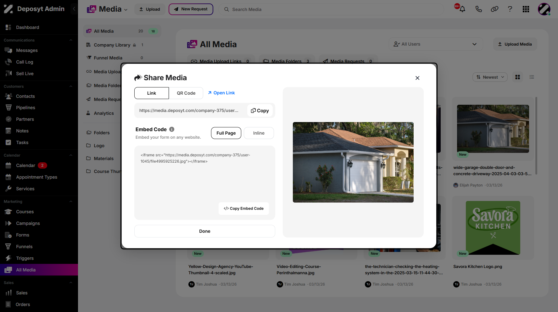 Step 4: A pop-up window will appear, allowing you to copy the media link and embed code. You can also open the media in a new page by clicking the Open Link button above.