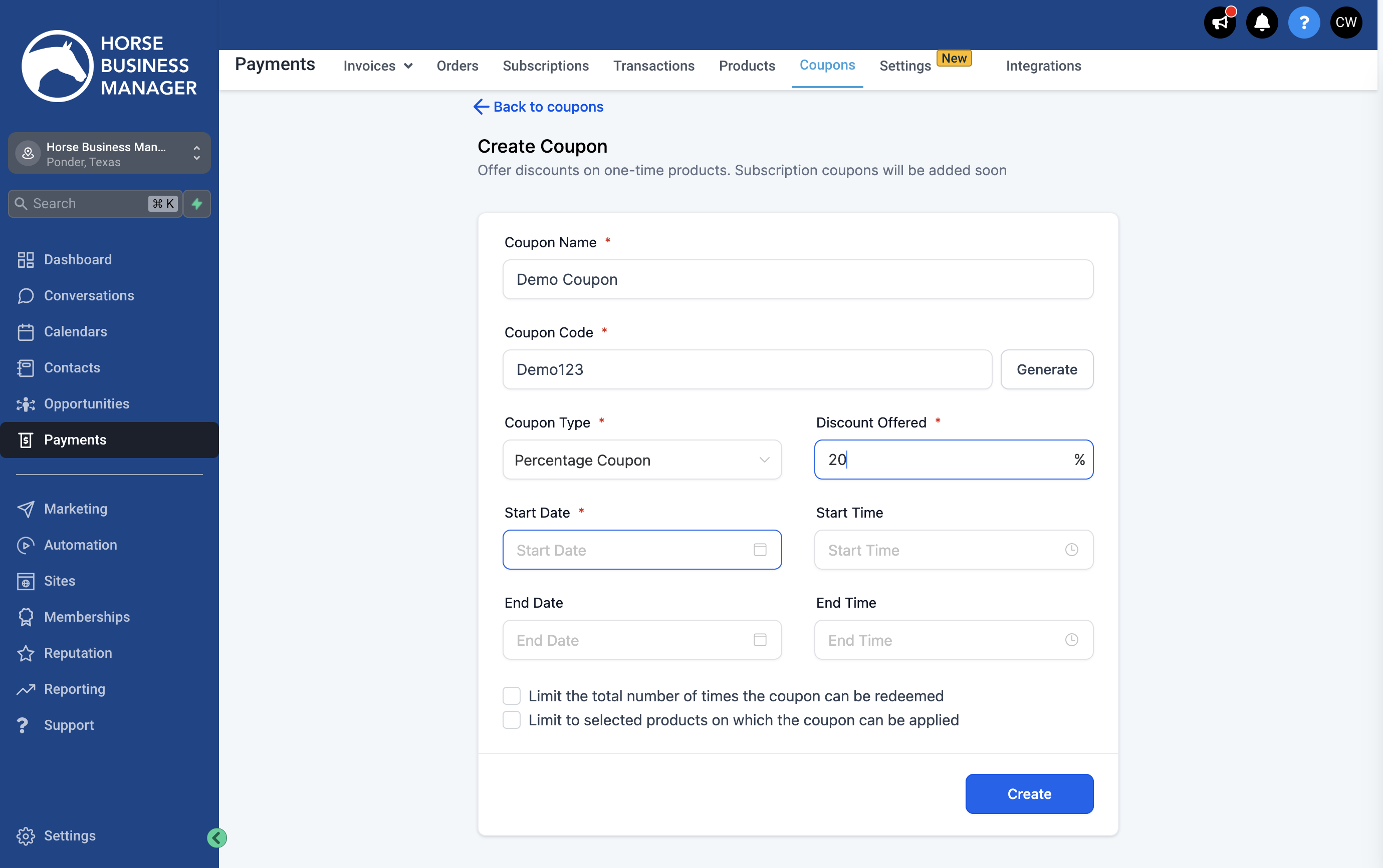 Add a start date (required) and a start time (optional)
