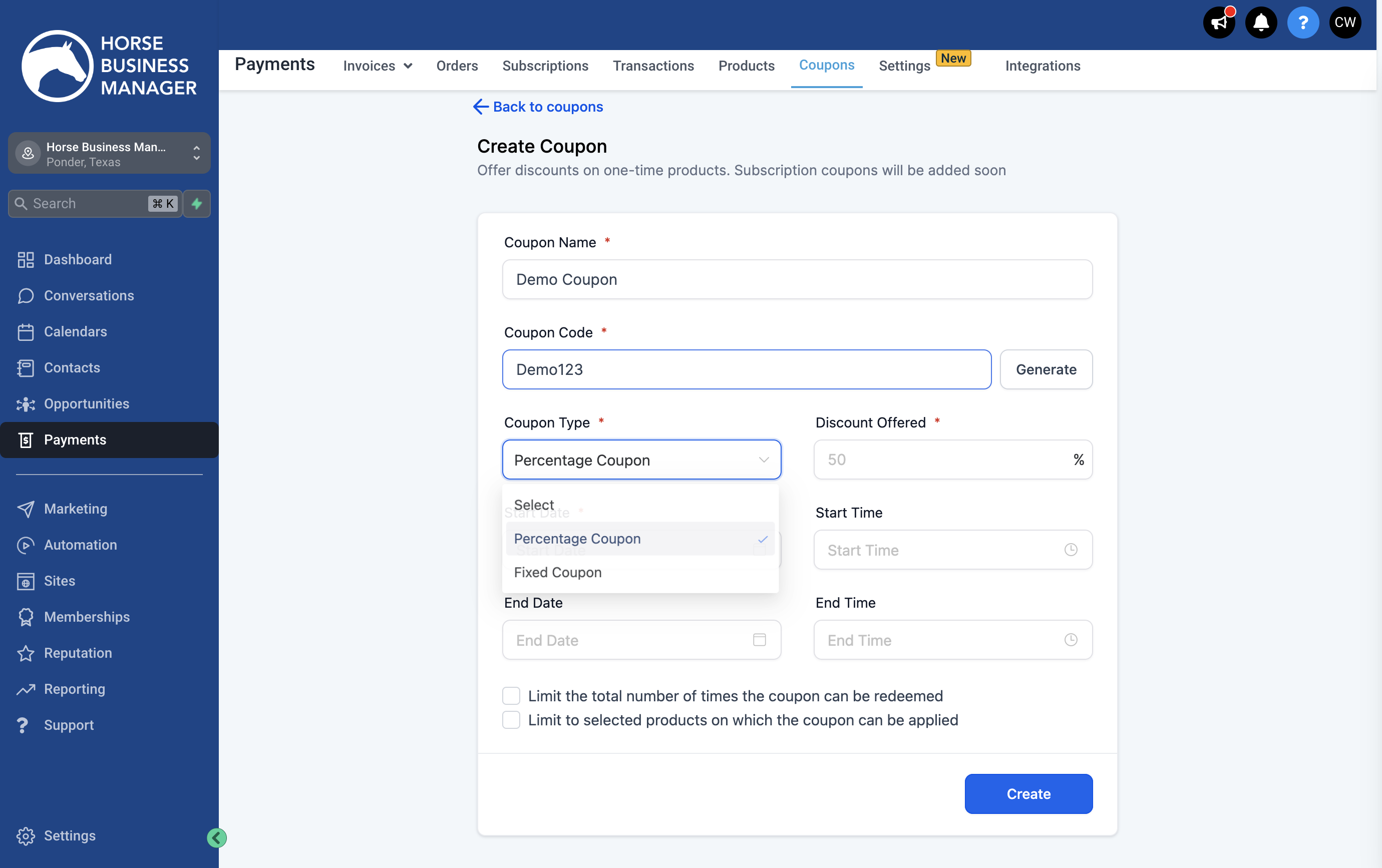 Select your coupon type. Percentage Coupons will deduct a percentage off of the total amount. A Fixed Coupon will take a set dollar amount off of the total price. (for this example, we are going to use a Percentage Coupon)
